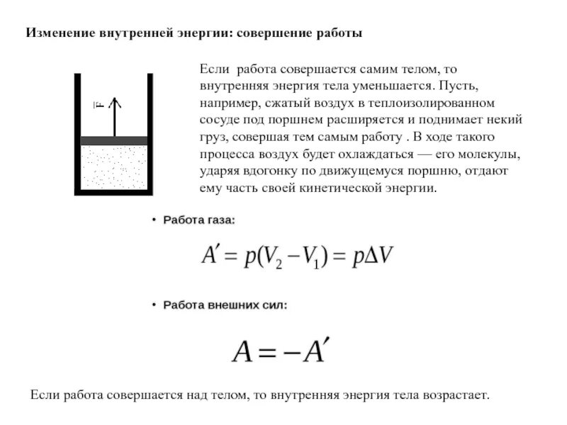 Внутренняя энергия тела совершающего работу. Работа газа изменение внутренней энергии. Внутренняя энергия и работа газа. Если ГАЗ совершает работу. Изменение внутренней энергии газа при совершении работы.