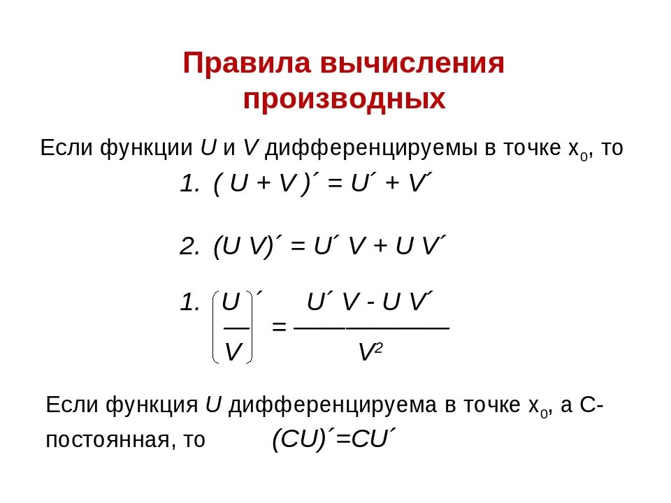 Вычисление производной функции. Производные функции uv. производная функции правила вычисления производных. производная функция формула (uv). сформулируйте правила вычисления производных.