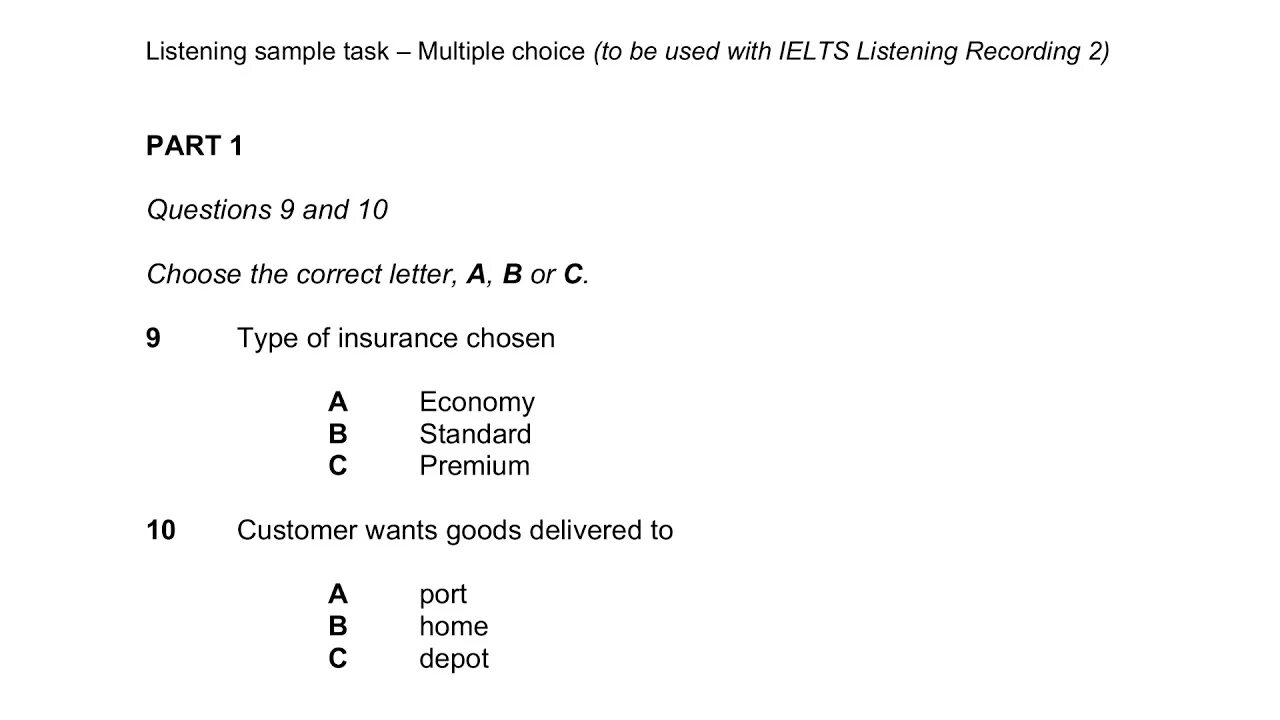 Answer these multiple choice questions. Multiple choice questions ielts. multiple choice ielts listening. ielts listening example. ielts listening part 1.