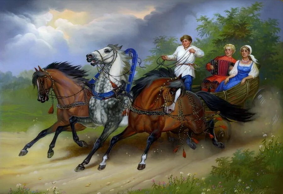 Федоскинская живопись. Федоскинская миниатюра тройка лошадей. Летняя тройка. Федоскино тройка лошадей. Тройка запряженных лошадей.