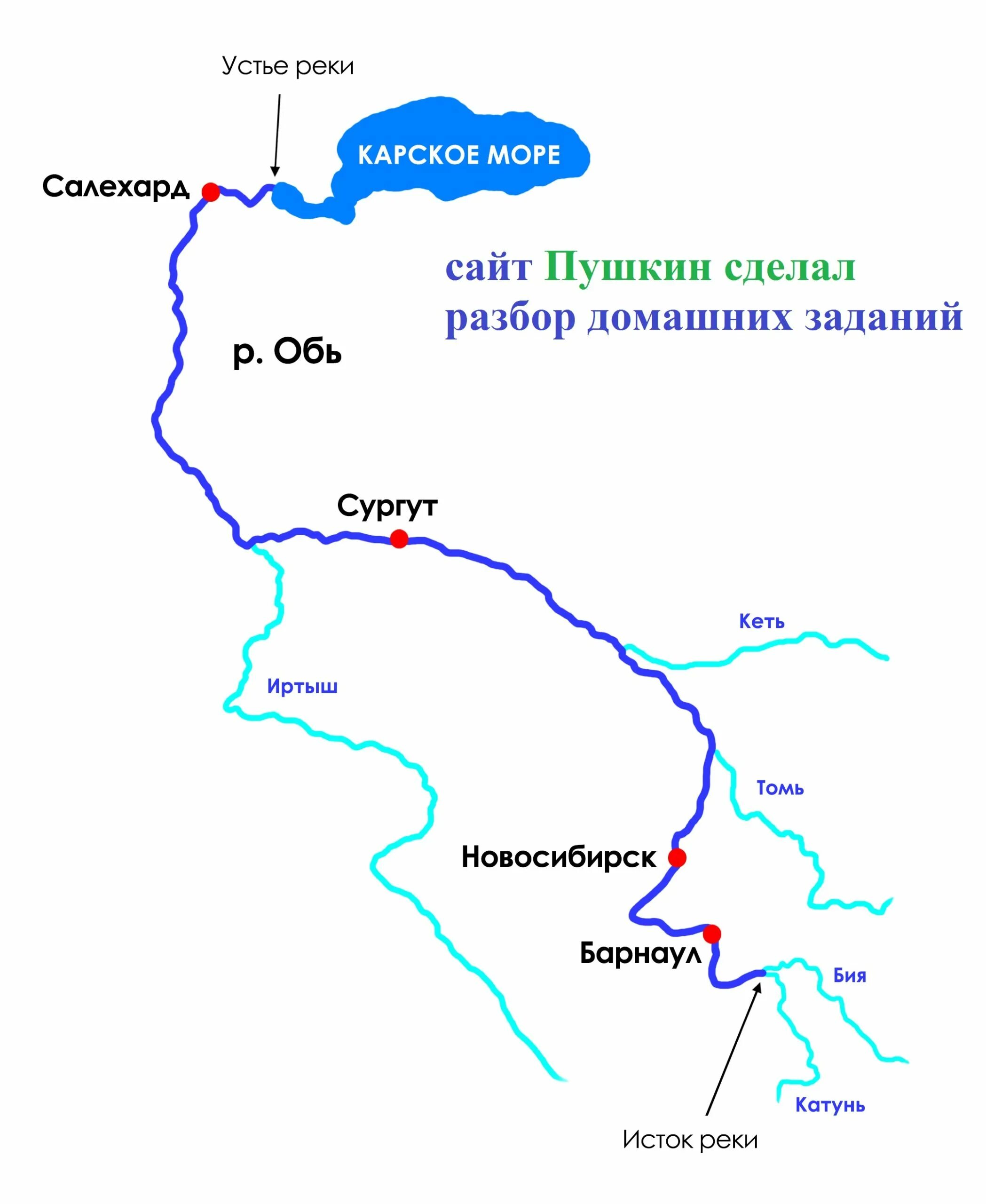 Река Обь схема реки. Части реки Обь схема. Исток и Устье реки Обь на карте. Река Обь на карте Исток и Устье реки. Обь и ее крупные притоки