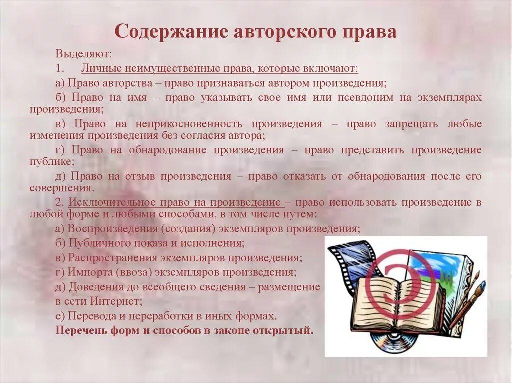 Содержание авторских прав. Авторское право содержание. Виды защиты авторских прав.