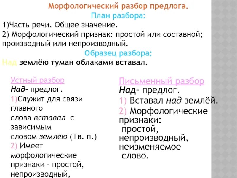 Что значит морфологический анализ. Морфологический разбор предлога 7 класс. План морфологического разбора предлога. Морфологический разбор предлога примеры. Морфологический разбор предлога образец.