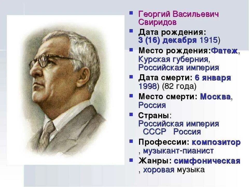 Произведения георгия васильевича свиридова. Творческий путь Георгия Васильевича Свиридова(1915-1998).. Г Свиридов биография. Творчество композитора Свиридова.