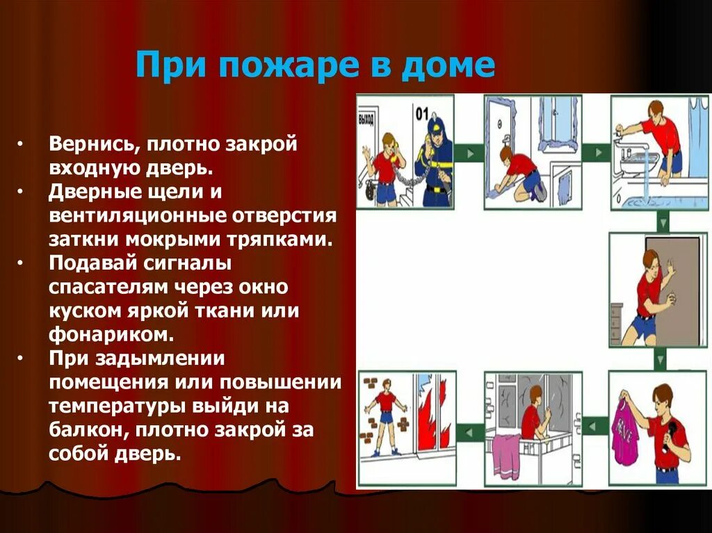 Закрыть окна и двери при пожаре. Закройте окна при пожаре. Закрыть дверь при пожаре. Плотно закрыть дверь при пожаре.