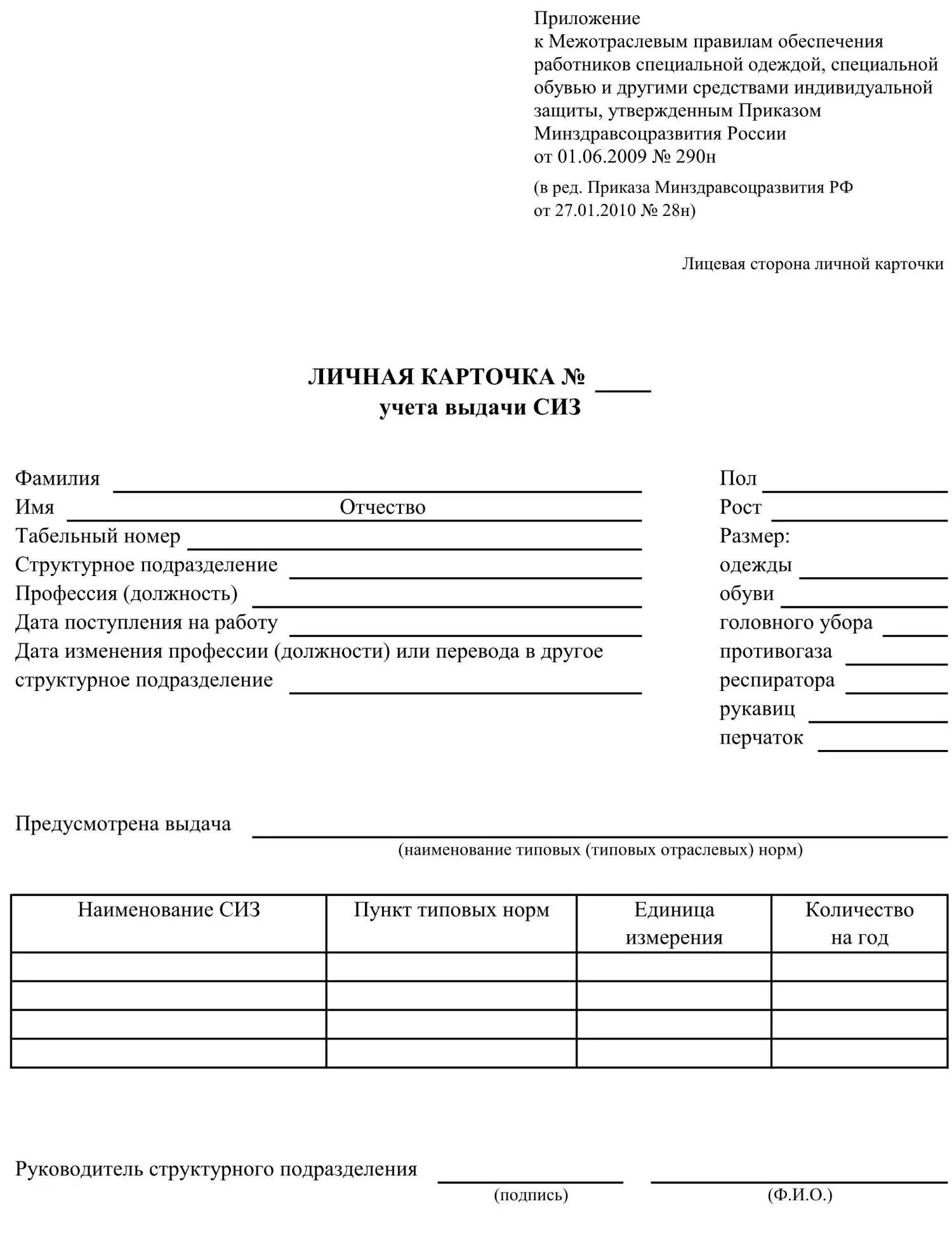 1 июня 2009 г 290н. Карточка учёта выдачи средств индивидуальной защиты (СИЗ),. Бланк личной карточки учета выдачи средств индивидуальной защиты. Личная карточка работника выдачи СИЗ. Форма личной карточки учета выдачи СИЗ 2021.