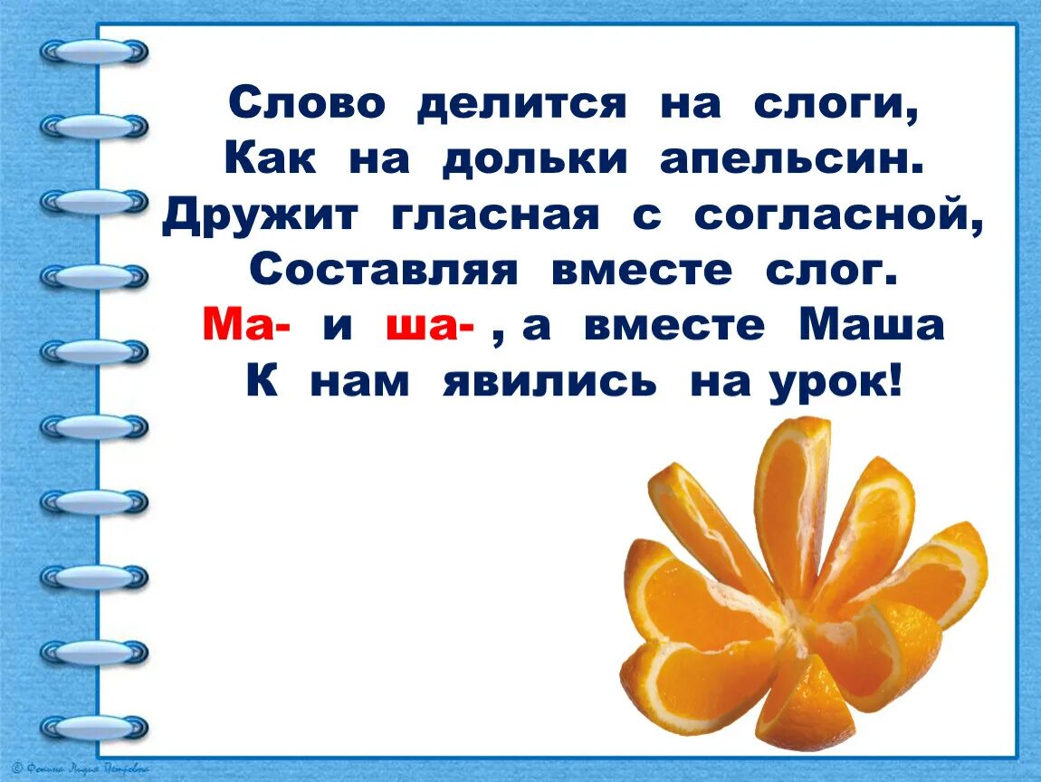 Урок русского языка слова и слоги. Слово делится на слоги как на дольки апельсин. Слоги презентация. Слоги это 2 класс. Апельсин разделить на слоги.