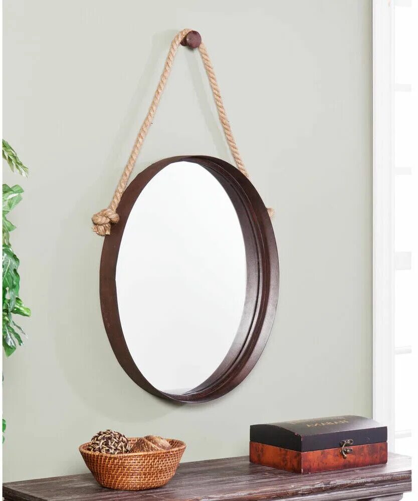 Подвесное зеркало для ванной. Зеркало круглое на веревке. Зеркало круглое в деревянной раме на веревке. Зеркало подвесное. Зеркало с канатом.