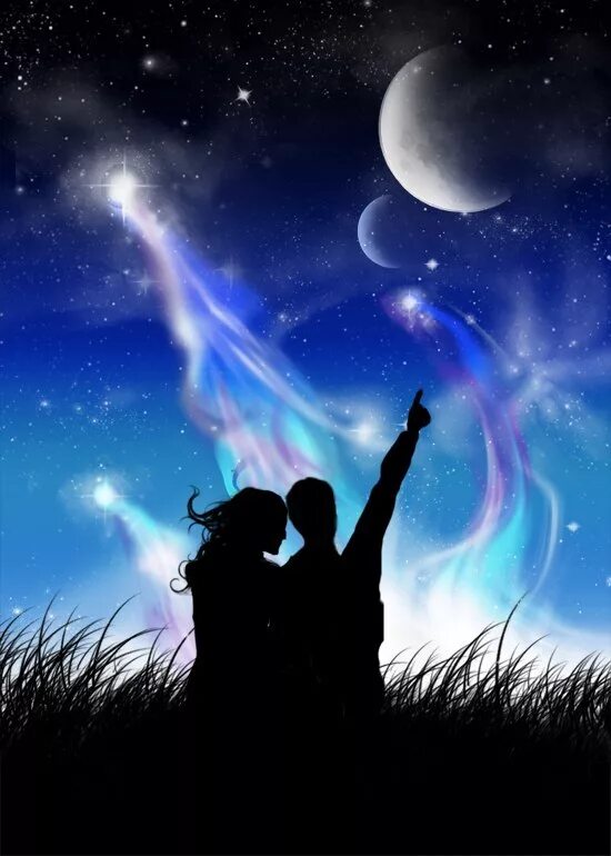 И мы вдвоем горим как звезды. Космическая любовь. Влюбленные ночью. Полет к звездам. И мы вдвоем горим как звезды.