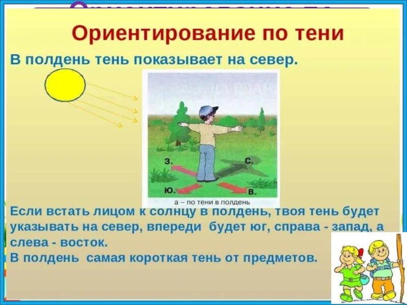 Окружающий мир 2 класс тема ориентирование тест. Ориентирование на местности по тени. Ориентирование на местности по солнцу. Ориентация на местности по тени. Ориентация на местности по солнцу.