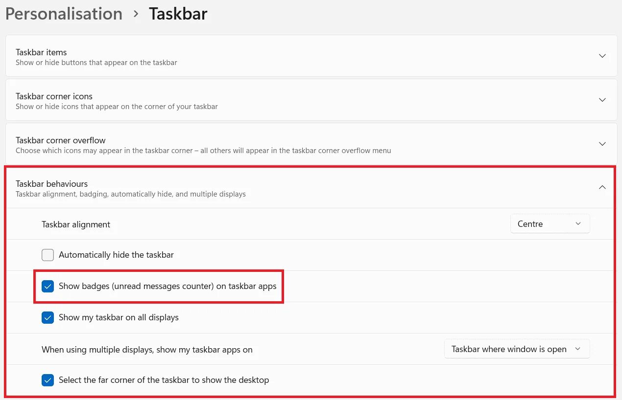 Windows 11 taskbar Notifications. Focus Control disable Windows 11 via Notifications Center. Show badges on taskbar buttons" setting and disable it. Why my taskbar is not shown in Windows 11.