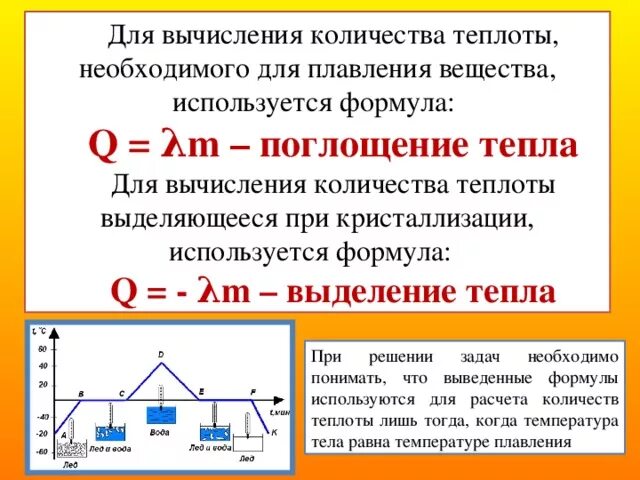 Количество теплоты выделяемое при плавлении формула. Формула для расчета количества теплоты при плавлении. Количество теплоты выделяемое при кристаллизации вещества формула. Формула количества теплоты при кристаллизации вещества.