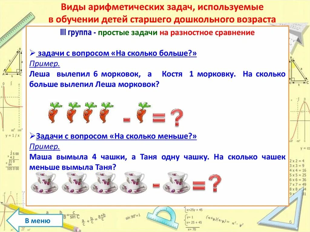 Занятие по математике решение задач в подготовительной. Составление и решение арифметических задач. Решение простых арифметических задач. Простые арифметические задачи. Виды арифметических задач.