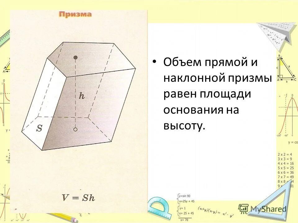 Боковая и полная поверхность наклонной призмы. Объем прямой и наклонной Призмы. Объем наклонной Призмы формула. Объем прямой Призмы равен. Наклонная Призма объем.