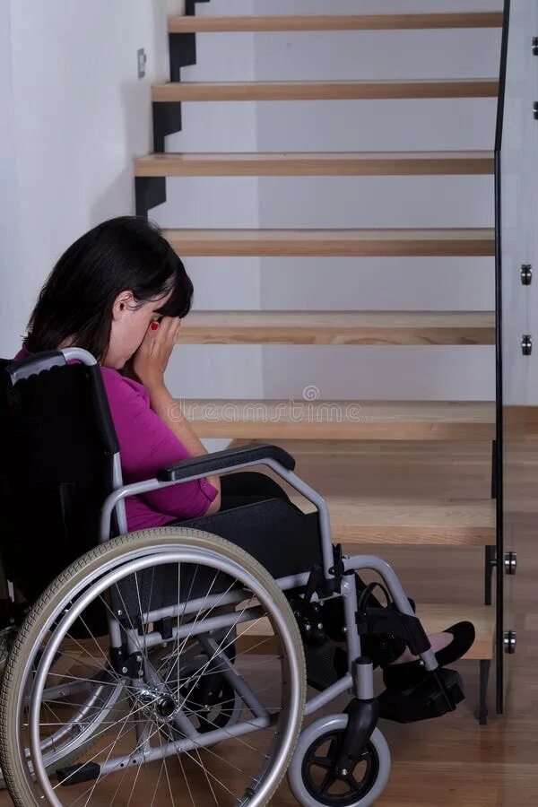 Disabled women. Disabled woman with a cane. Disabled woman wheelchair. Инвалид перед лестницей. Женщина в инвалидной коляске.