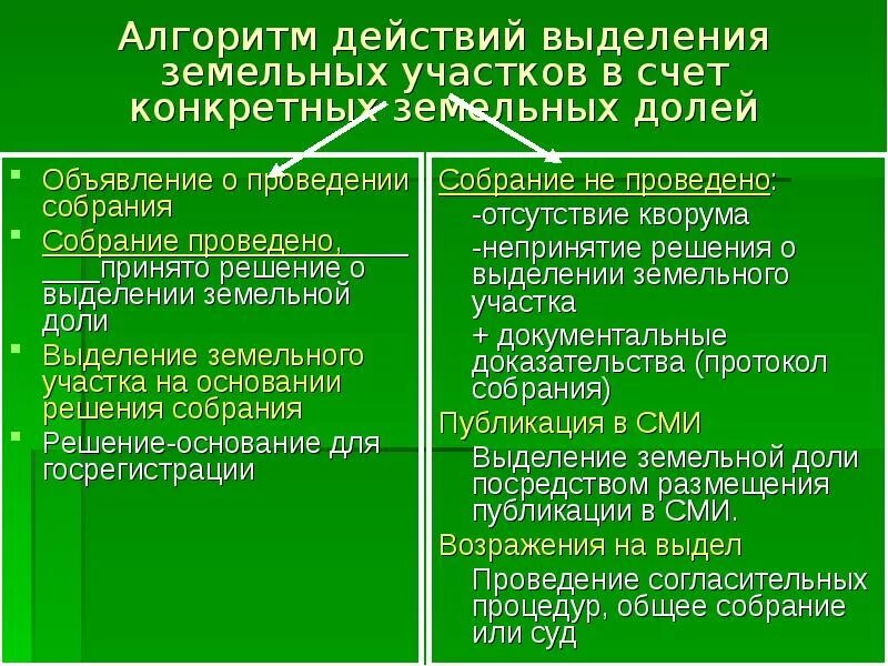 Выдел земельной доли. Этапы выдела земельного участка. Порядок выдела земельного участка в счет земельной доли. Выделение доли земельного участка из общей долевой собственности.