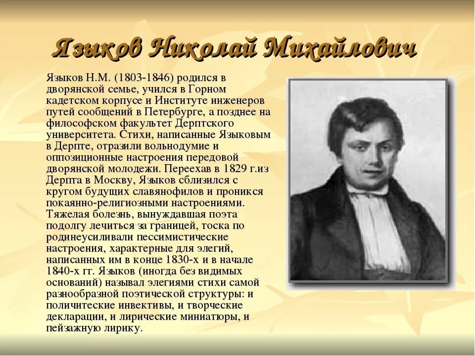 Н М языков биография. Биография н м Языкова. Образование языков кратко