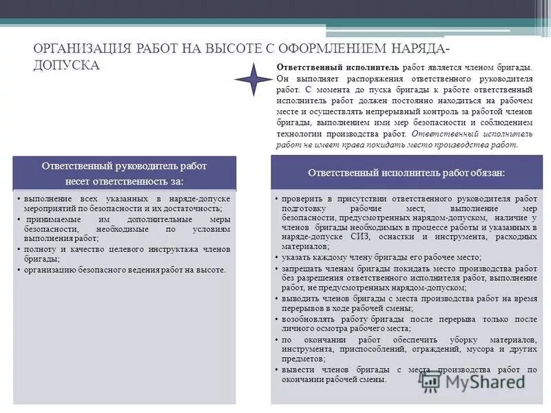 Что обязан ответственный исполнитель работ. Организация работ с оформлением наряда-допуска. Порядок работы по наряду допуску. Ответственные при проведении работ на высоте. Обязанности руководителя работ с повышенной опасностью.