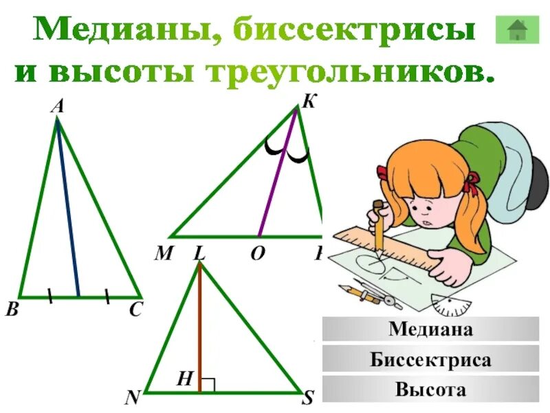 Медиана биссектриса и высота треугольника 7 класс. Медиана биссектриса высота 7 класс. Медиана треугольника 7 класс. Биссектриса Медиана высота.