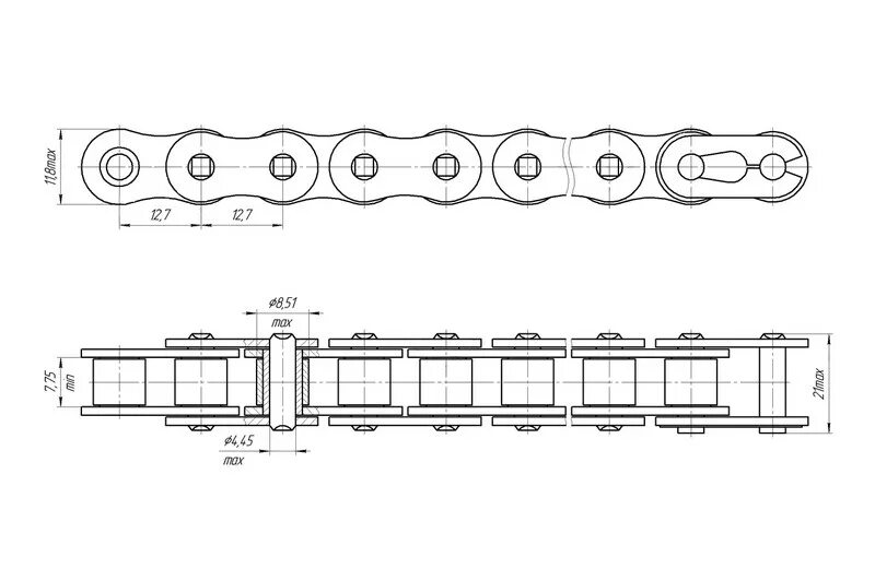 44 31 8. Цепь 9.525 чертеж. Цепь пр-9.525-9.1. Роликовая цепь пр-12,7-18,2. Цепь пр-12,7-18,2-1.