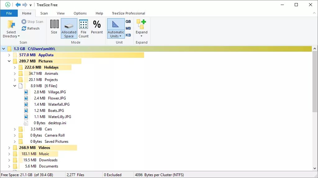 Find exclude file. Tree file size. disk folder size tree.
