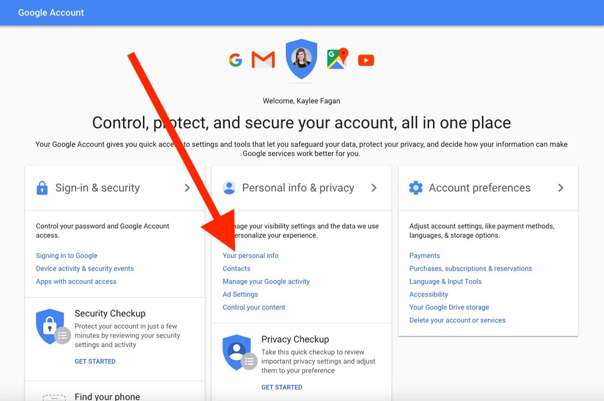 Google accounts. Google settings. Manage your Google account. Google Security.