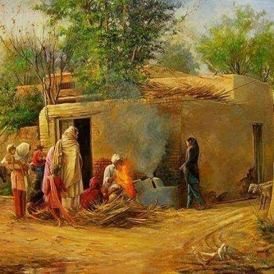 Life in the village 1. Индийская деревня картина. Живопись Индии. Африканская деревня живопись.