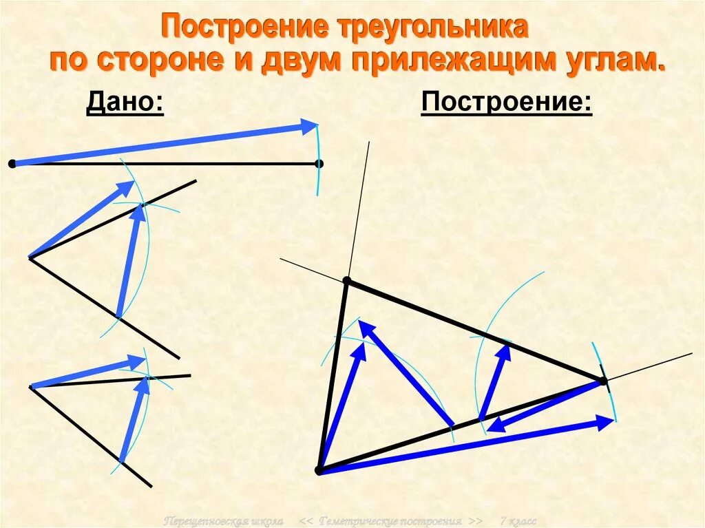 Построение треугольника по стороне и 2 углам. Построение треугольника.. Геометрические построения 7 класс. Алгоритм построения треугольника. Построение треугольника по стороне и прилежащим к ней углам.