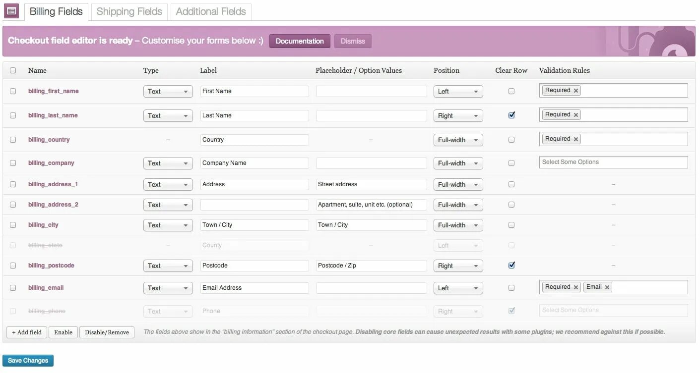 Checkout field editor