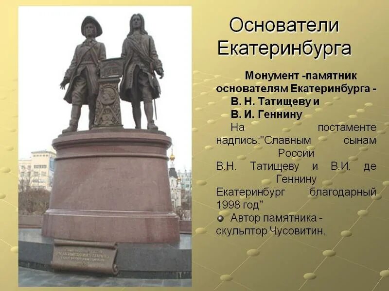 Де генин ввел слово информация. Памятник основателям Екатеринбурга. Татищев и де Генин памятник в Екатеринбурге. Де Генин основатели Екатеринбурга. Памятник Татищеву и де Геннину в Екатеринбурге история.