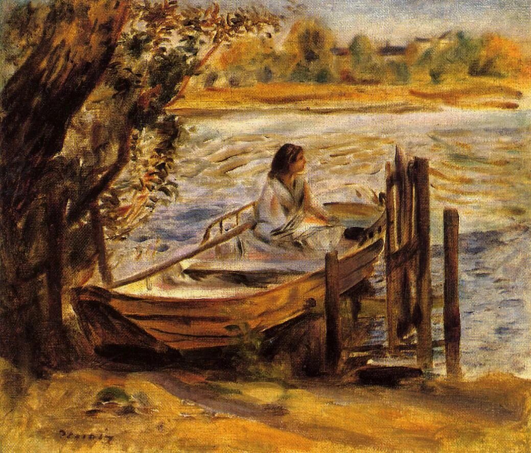 Репродукция картин художников купить. Огюст Ренуар лодка. Картина Ренуара женщины на лодке. Пьер Огюст Ренуар «женщина в саду» (1865—1866, Эрмитаж).
