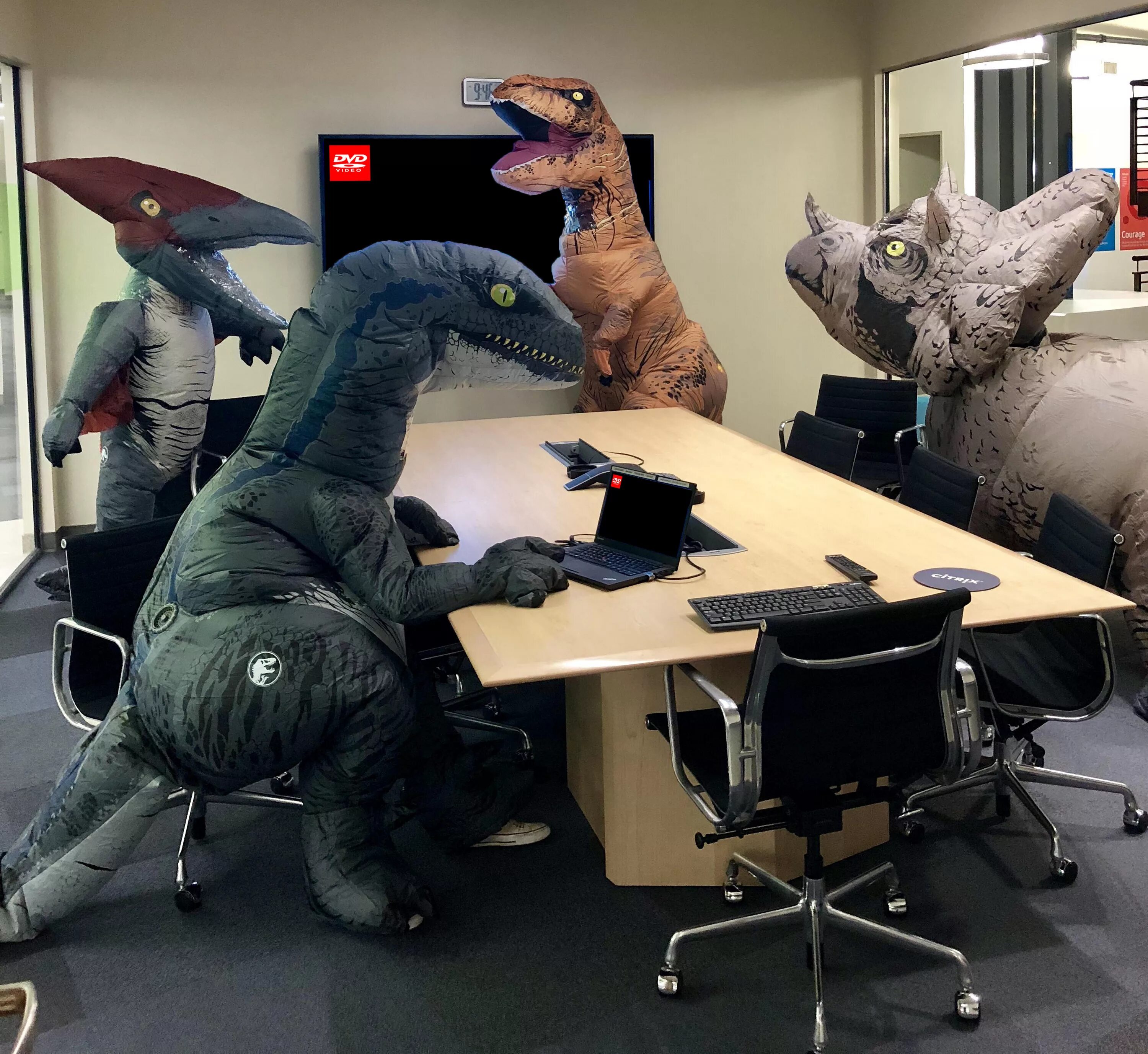 Работать глупо. Динозавры в офисе. Костюм динозавра в офисе. Сотрудники в костюмах динозавров. Офис юмор.