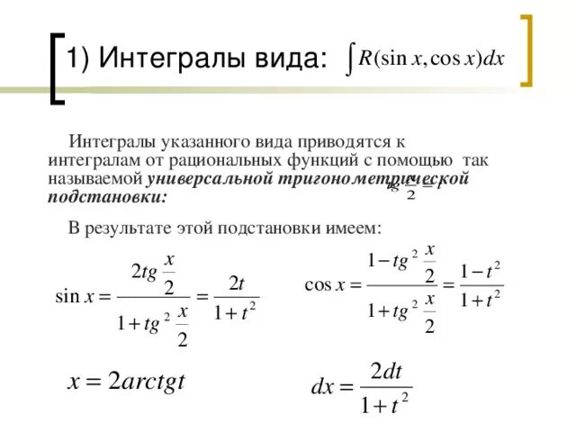 Тригонометрическая подстановка в интегралах. Универсальная тригонометрическая подстановка имеет вид. Универсальная тригонометрическая подстановка DX. Универсальный интеграл