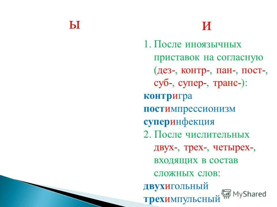 Буква и после иноязычных приставок. И-ы после приставок на согласный. и после иноязычных приставок. и после приставок на согласную. ы-и после приставок на согласную.