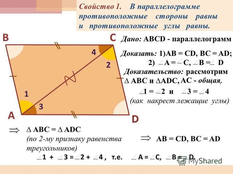 Доказательство 1 свойства параллелограмма. Доказательство свойств углов параллелограмма. Доказательство свойства параллелограмма противоположные углы равны. Доказать первое свойство параллелограмма.