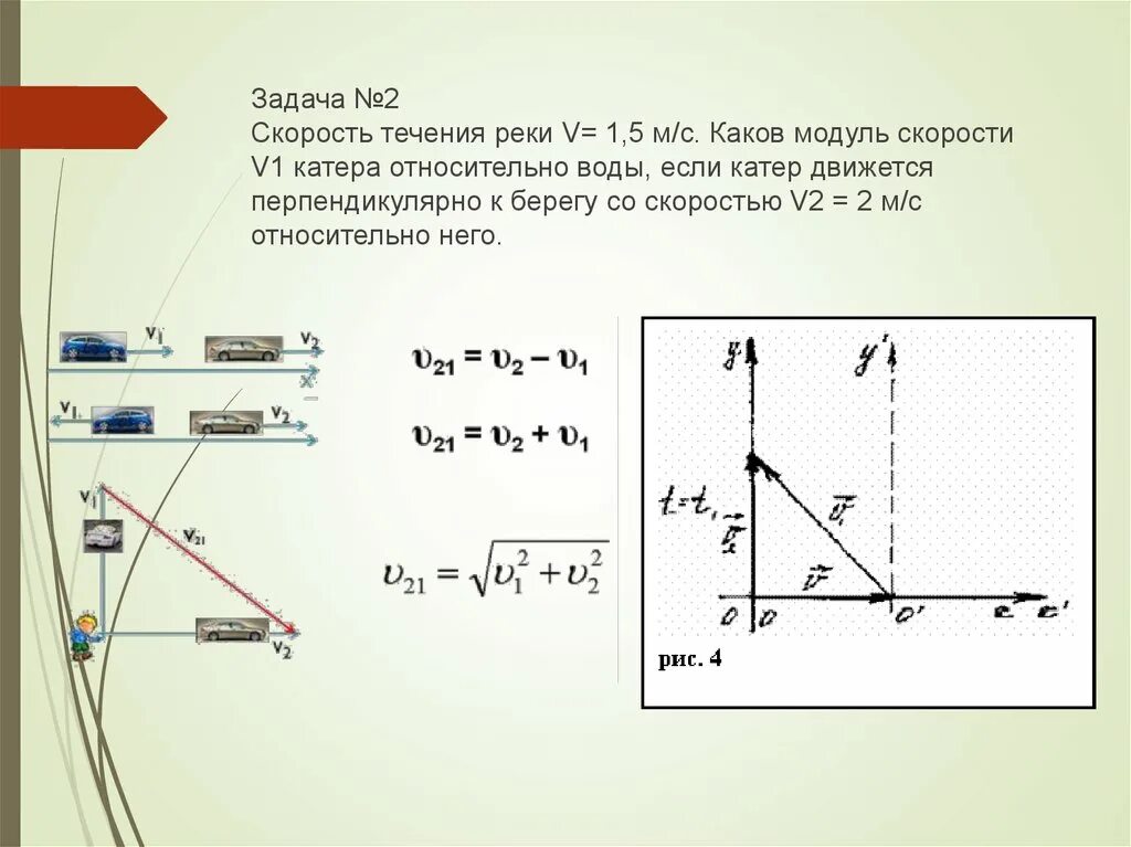 1 относительно 2. Относительная скорость перпендикулярное движение. Модуль скорости катера относительно воды. Скорость лодки относительно воды. Модуль скорости течения реки.