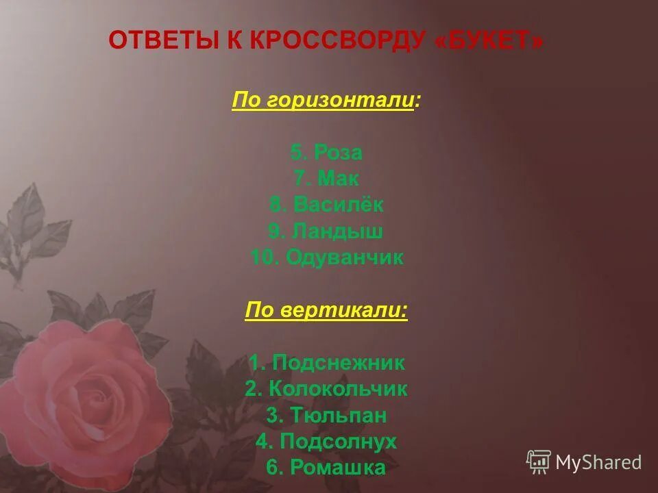 Среди весенних первых дней 8. Ответы к кроссворду «букет» по вертикали: 1. Подснежник.