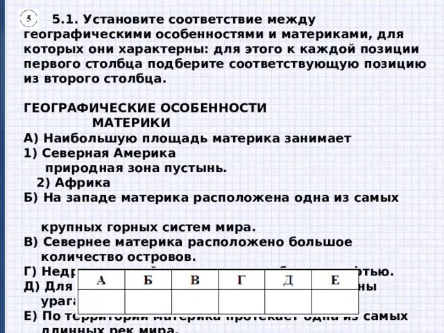 Установите соответствие между природными зонами и географическими. Установите соответствие между географическими. Установите соответствие между географическими особенностями. Установите соответствие между и их особенностями.. Соответствие между материками и их географическими особенностями.