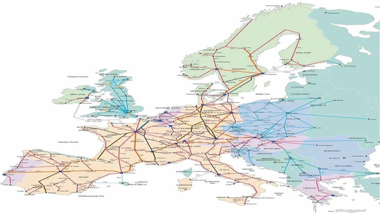 По карте проследите какой железной дорогой. Схема скоростных железных дорог Европы. Карта ЖД путей Европы. Карта железных дорог Европы 2022. Карта железных дорог Восточной Европы.