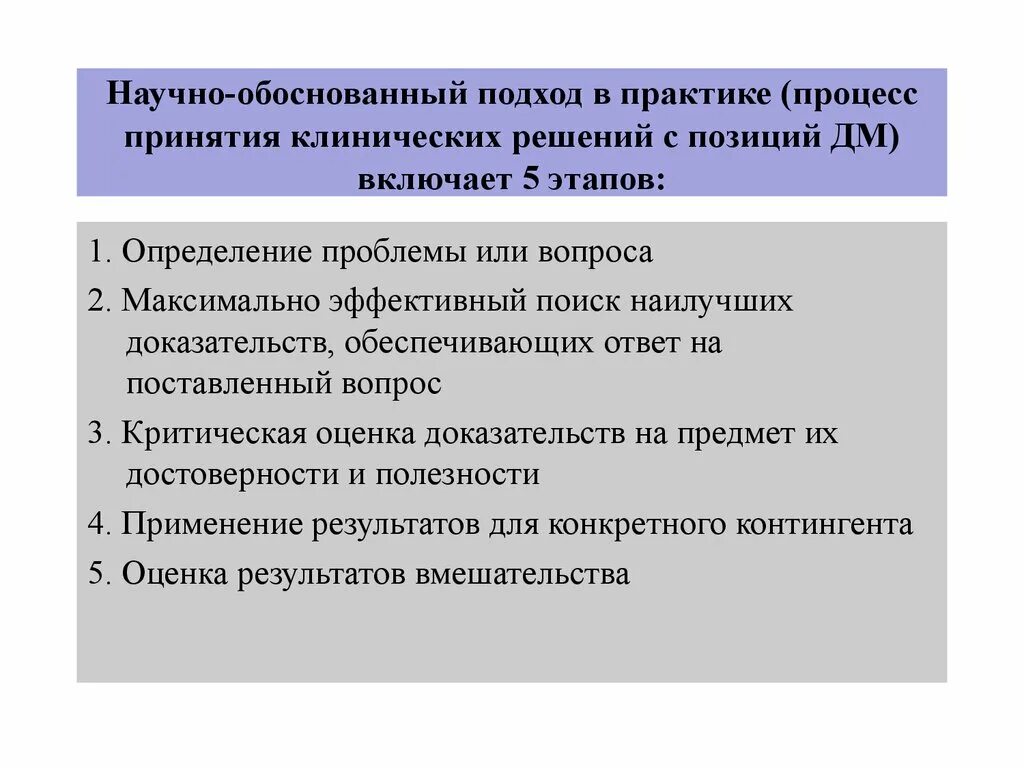 Обоснованность практики. Научно обоснованный подход. Научнооблсновыгный подход. Трудности в процессе практики. Принципы принятия доказательных решений в медицине.