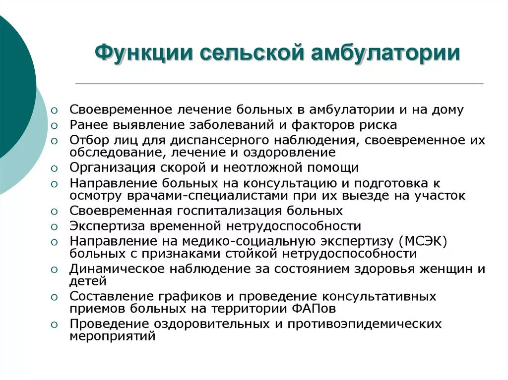 Функции сельской врачебной амбулатории. Задачи сельского врачебного участка. Основные функции амбулатории. Структура сельского врачебного участка.