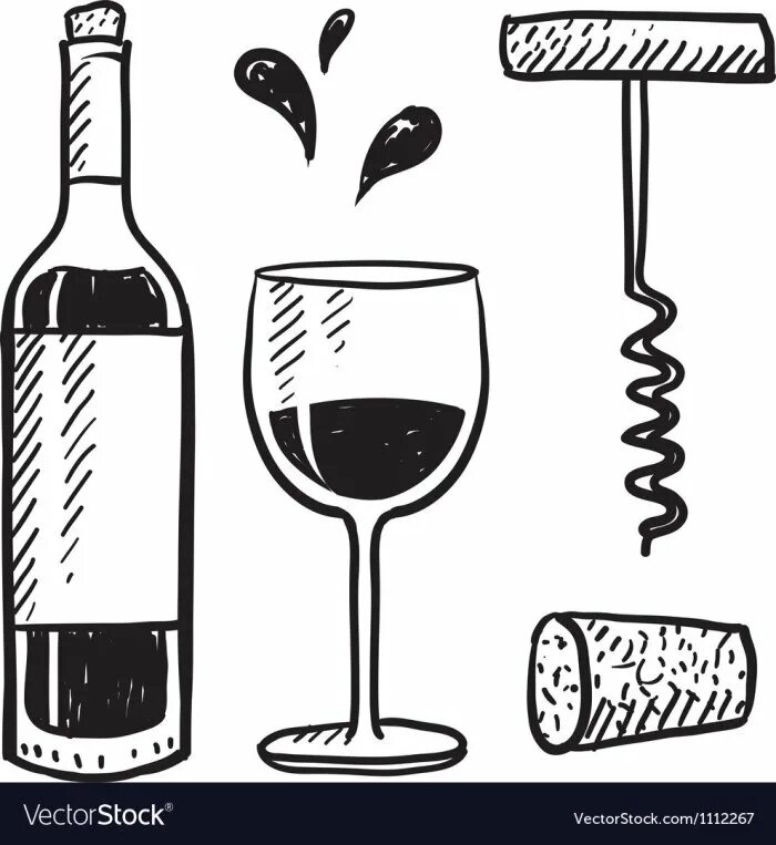 Стакан и штопор для пьяницы. Вино вектор. Вино эскиз. Бутылка вина. Вино иллюстрация.