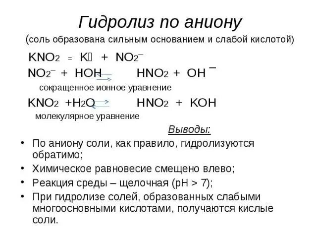 Ионное уравнение кислой соли. Kno2 соль по гидролизу. Kno2 гидролиз. Соль, гидролизующаяся по аниону. Гидролиз соли по аниону.