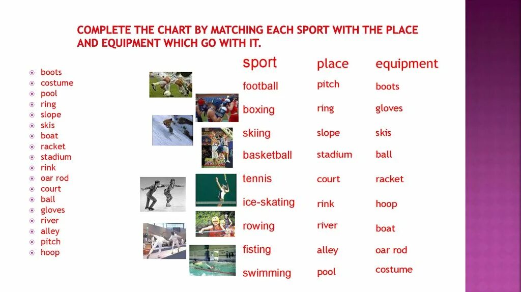 Каток перевод на русский. Skating Rink транскрипция. Транскрипция пинг понг. . Complete the Chart by matching each Sport with the place and Equipment which go with it.. Пинг на английском.