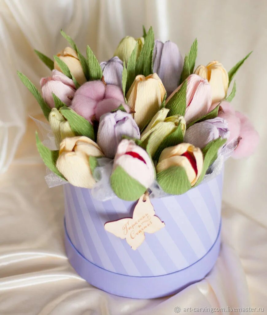 Букет из конфет тюльпаны. Тюльпаны из фоамирана в шляпной коробке. Тюльпаны из бумаги в шляпной коробке. Коробочки для тюльпанов из конфет.