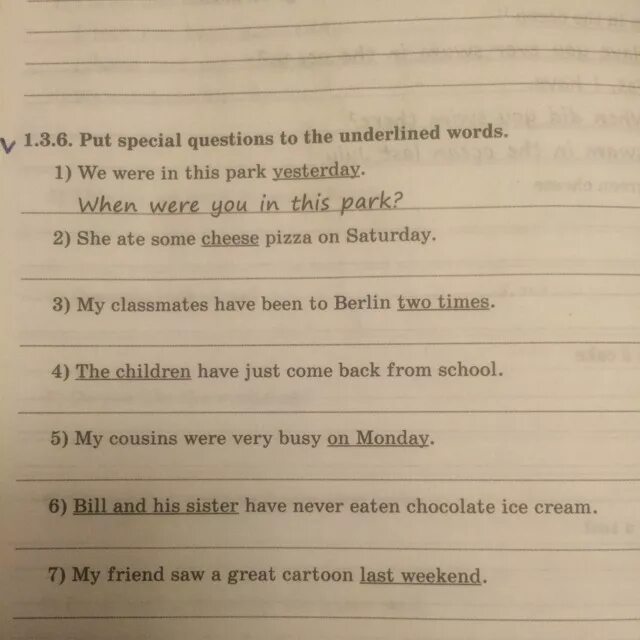 Write questions to the underlined. Put Special questions to the underlined Words. Put questions to the underlined Words. Questions to the underlined Words. Put Special questions to the underlined Words 1.3.6.