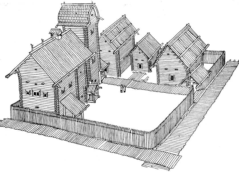 Постройки 12 века. Усадьба Новгородского художника Олисея Гречина. Усадьба Новгородского художника 12 века. Боярский двор 17 век на Руси. Боярская усадьба в древней Руси.