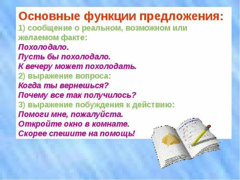 Функции предложения в русском. Функция предложения. Роль предложения в языке. Функции предложения в русском языке. Сообщение о предложении.