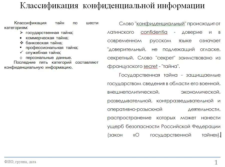 Содержание конфиденциальной информации. Содержание конфиденциальной информации