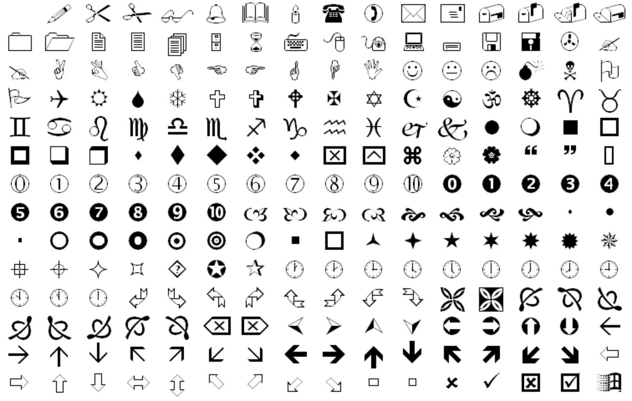 Знаки шрифт. Шрифт wingdings символы. Символ в наборе wingdings. Различные значки и символы. Популярные символы.